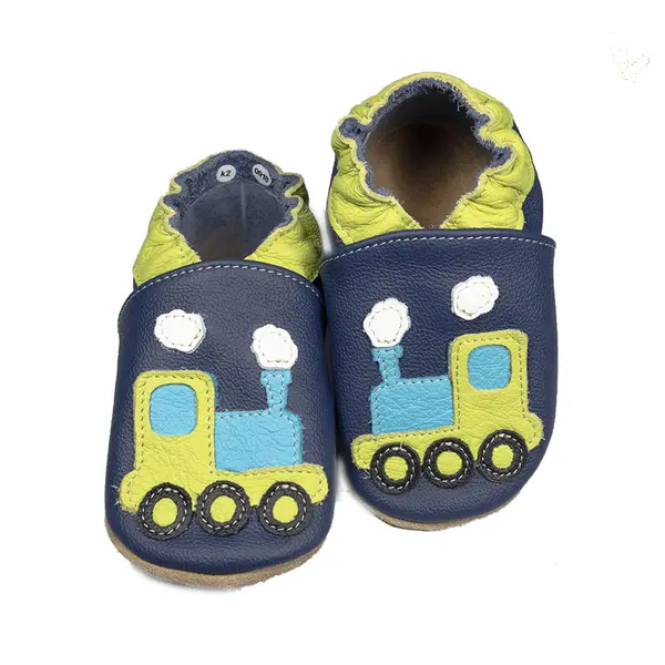 Papucei de interior din piele naturala, cu trenulet, bleumarin cu verde, Babice_BA-169/16-17_Pebebe