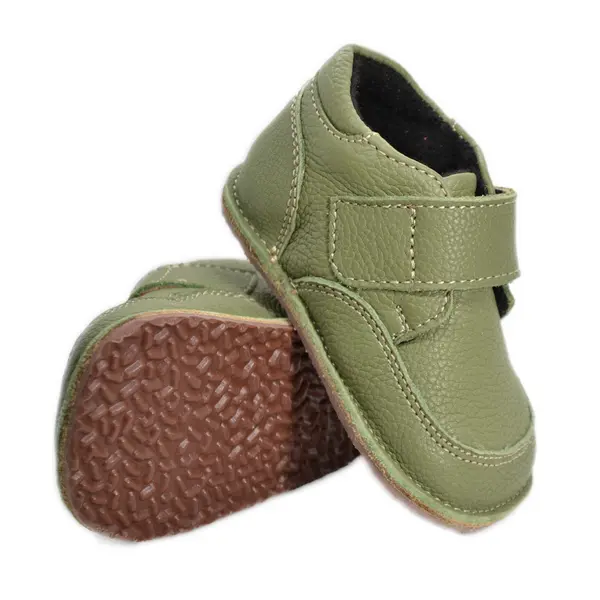 Ghete barefoot copii, din piele naturala cu scai, captuseala textila si talpa din cauciuc, verde, LUY_RO-17-2-18_Pebebe