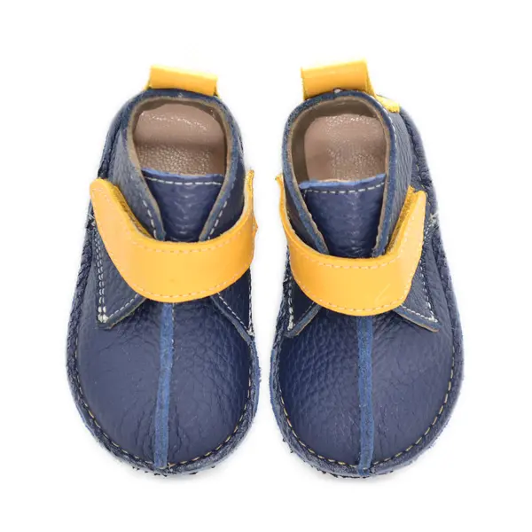 Ghete barefoot copii, piele naturala, talpa flexibila, bleumarin cu bareta galbena,_RO-104-bleumarin-galben-17_Pebebe