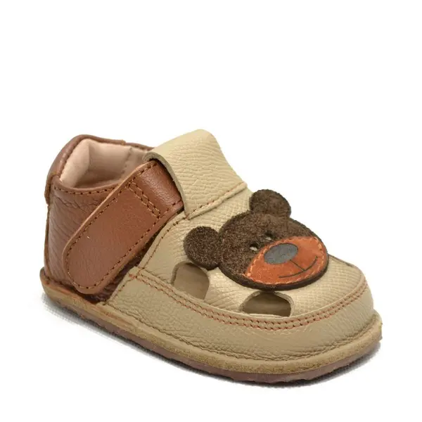 Sandale copii Barefoot primi pasi, talpă flexibilă de cauciuc, perforatii  laterale, urs, bej_RO-20-2-22_Pebebe