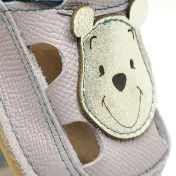 Sandale copii Barefoot primi pasi, talpă flexibilă de cauciuc, perforatii  laterale, urs Winnie, albastru_RO-20-6-24_Pebebe