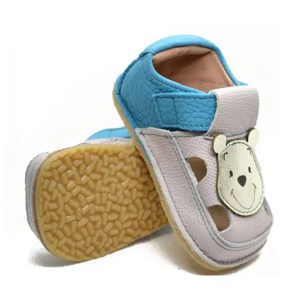 Sandale copii Barefoot primi pasi, talpă flexibilă de cauciuc, perforatii  laterale, urs Winnie, albastru_RO-20-6-24_Pebebe