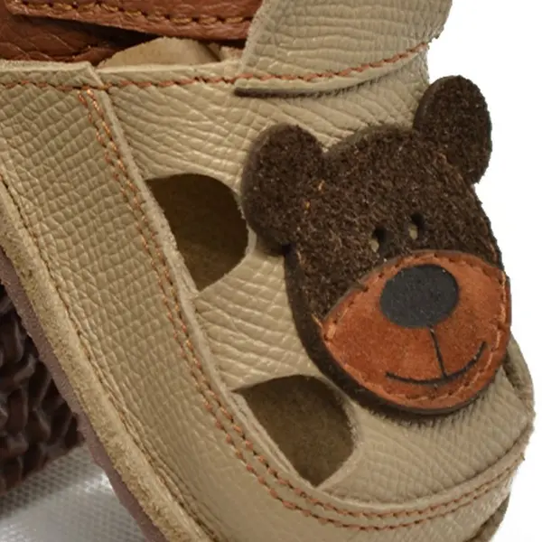 Sandale copii Barefoot primi pasi, talpă flexibilă de cauciuc, perforatii  laterale, urs, bej_RO-20-2-22_Pebebe