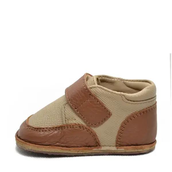 Ghete barefoot copii, din piele naturala cu scai si talpa din cauciuc, maro cu bej, LUY_RO-14-maro-23_Pebebe