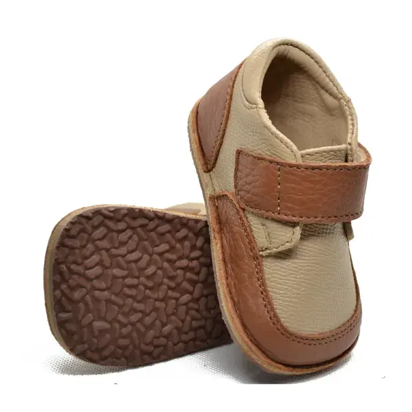 Ghete barefoot copii, din piele naturala cu scai si talpa din cauciuc, maro cu bej, LUY_RO-14-maro-23_Pebebe