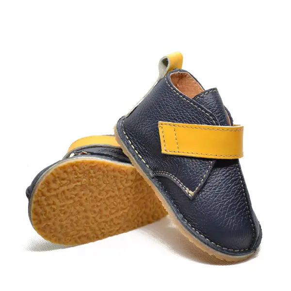 Ghete barefoot copii, piele naturala, talpa flexibila, bleumarin cu bareta galbena,_RO-104-bleumarin-galben-17_Pebebe