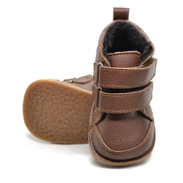 Ghete copii, barefoot, primii pasi, piele naturala, captuseala din blanita, talpa felxibila, maro inchis_RO-22-4-18_Pebebe