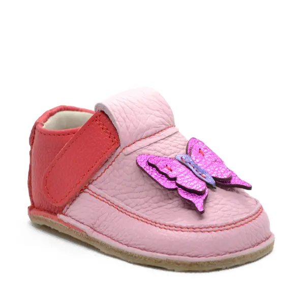Pantofi barefoot pentru copii, piele naturala, primii pasi, talpa flexibila, roz model cu fluturas_RO-16-7-22_Pebebe