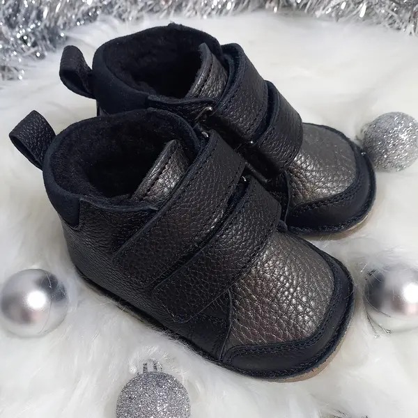 Ghete primii pasi, piele naturala, captuseala din blanita, talpa felxibila, negru / argintiu_RO-22-8-22_Pebebe