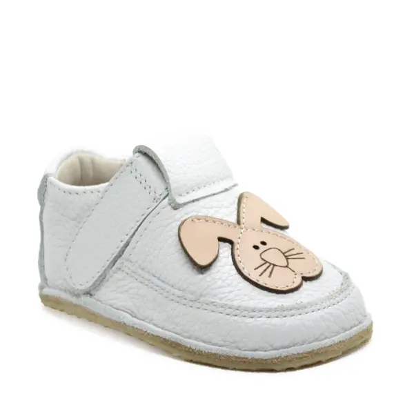 Pantofi barefoot copii, primii pasi, piele naturala, talpa flexibila, alb, model cu iepuras_RO-16-15-22_Pebebe