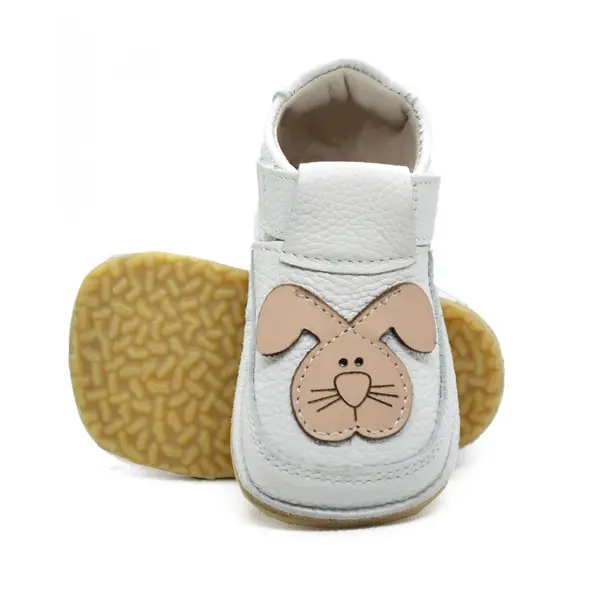 Pantofi barefoot copii, primii pasi, piele naturala, talpa flexibila, alb, model cu iepuras_RO-16-15-22_Pebebe