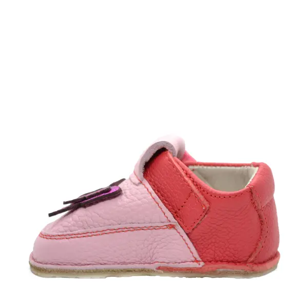 Pantofi barefoot pentru copii, piele naturala, primii pasi, talpa flexibila, roz model cu fluturas_RO-16-7-22_Pebebe
