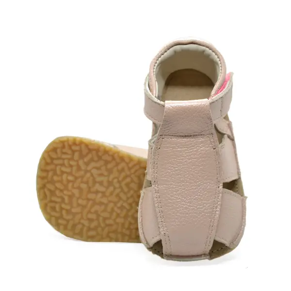 Sandale din piele naturală cu scai și talpă din cauciuc flexibil, roz pudra sidef, LUY_RO-12-4-20_Pebebe