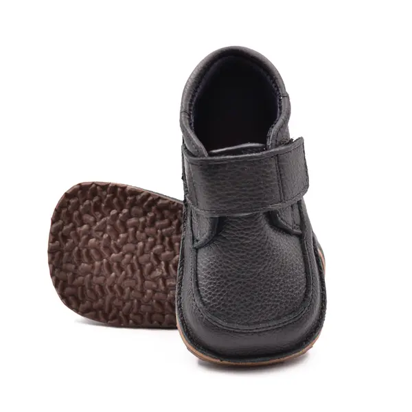 Ghete barefoot din piele naturala pentru copii, primii pasi, inchidere cu scai si talpa din flexibila, negru_RO-14-1-19_Pebebe