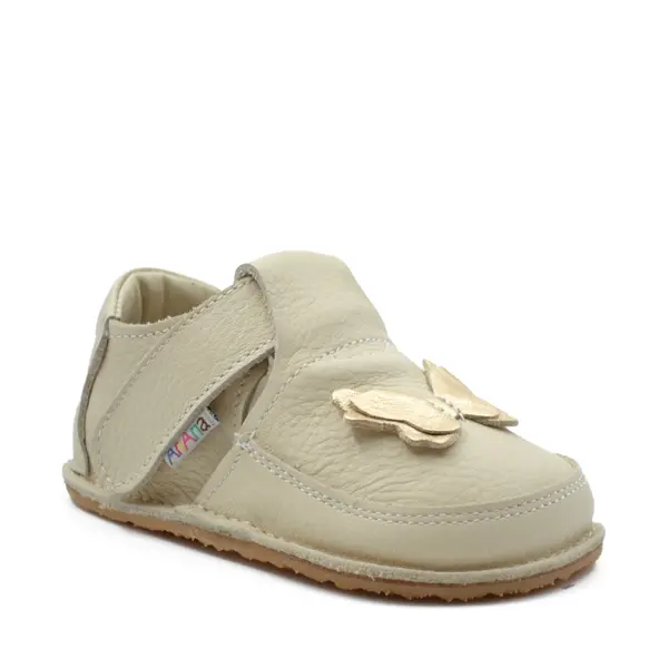 Pantofi barefoot, primii pasi, piele naturala, talpa flexibila, crem, fluturas auriu, Grace_Ari-008-23_Pebebe