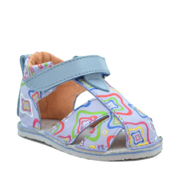 Sandale copii, barefoot, primii pasi, piele naturala, talpa flexibila, inchidere cu scai, albalbastru cu imprimeu_RO-103-6-22_Pebebe