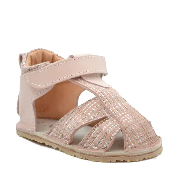 Sandale copii, primii pasi, piele naturala, talpa flexibila si inchidere cu scai, roz pudra cu imprimeu_RO-103-7-24_Pebebe