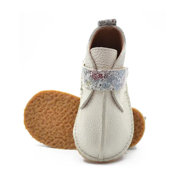 Ghete barefoot copii, piele naturala, talpa flexibila, crem cu bareta imprimeu,_RO-104-14-21_Pebebe