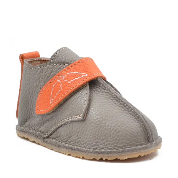 Ghete barefoot copii, piele naturala, talpa flexibila, grej cu bareta portocalie_RO-104-12-24_Pebebe