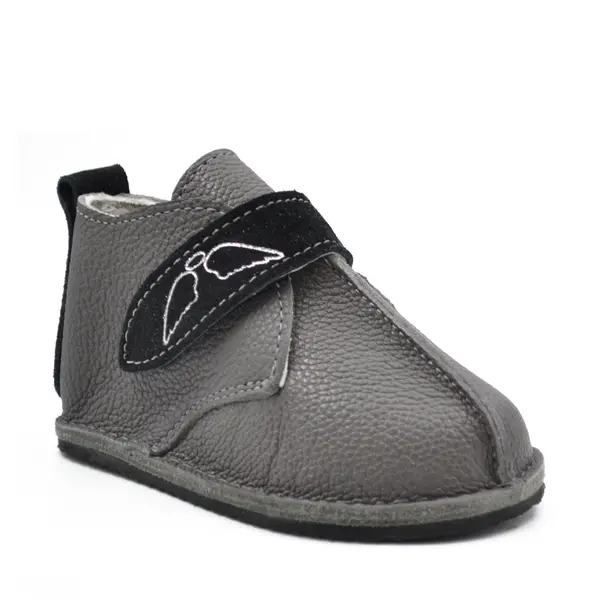 Ghete barefoot copii, piele naturala, talpa flexibila, gri cu bareta neagra_RO-104-11-17_Pebebe