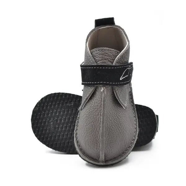 Ghete barefoot copii, piele naturala, talpa flexibila, gri cu bareta neagra_RO-104-11-17_Pebebe
