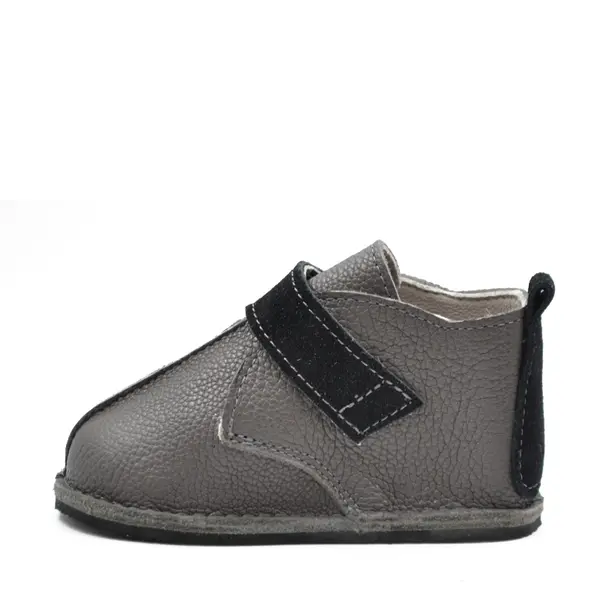 Ghete barefoot copii, piele naturala, talpa flexibila, gri cu bareta neagra_RO-104-11-17_Pebebe
