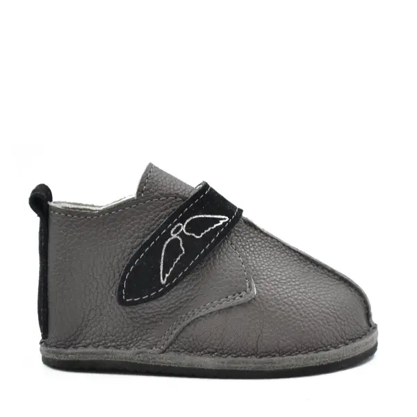 Ghete barefoot copii, piele naturala, talpa flexibila, gri cu bareta neagra_RO-104-11-17_Pebebe