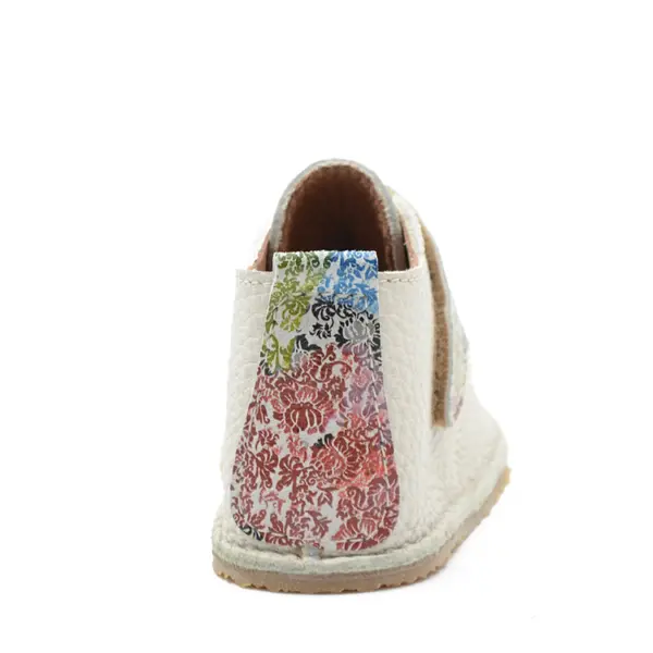 Ghete barefoot copii, piele naturala, talpa flexibila, crem cu bareta imprimeu,_RO-104-14-22_Pebebe