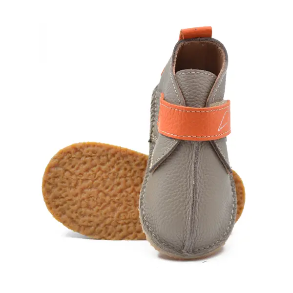 Ghete barefoot copii, piele naturala, talpa flexibila, grej cu bareta portocalie_RO-104-12-24_Pebebe