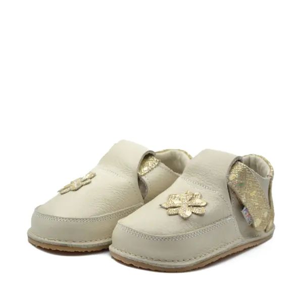 Pantofi barefoot, primii pasi, piele naturala, talpa flexibila, crem auriu, steluta, Star_Ari-011-16_Pebebe