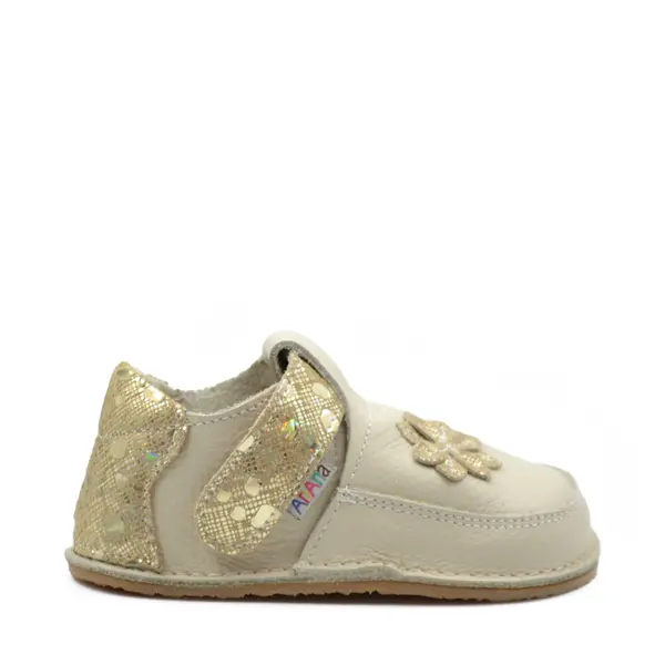 Pantofi barefoot, primii pasi, piele naturala, talpa flexibila, crem auriu, steluta, Star_Ari-011-23_Pebebe