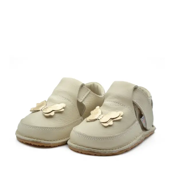 Pantofi barefoot, primii pasi, piele naturala, talpa flexibila, crem, fluturas auriu, Grace_Ari-008-23_Pebebe