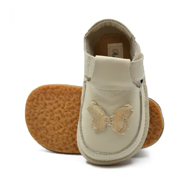 Pantofi barefoot, primii pasi, piele naturala, talpa flexibila, crem, fluturas auriu, Grace_Ari-008-23_Pebebe