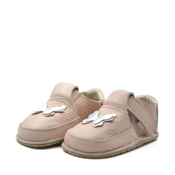Pantofi barefoot, primii pasi, piele naturala, talpa flexibila, roz pudra, fluturas, Regina_Ari-007-26_Pebebe