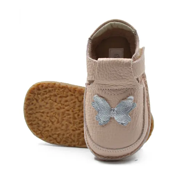 Pantofi barefoot, primii pasi, piele naturala, talpa flexibila, roz pudra, fluturas, Regina_Ari-007-26_Pebebe