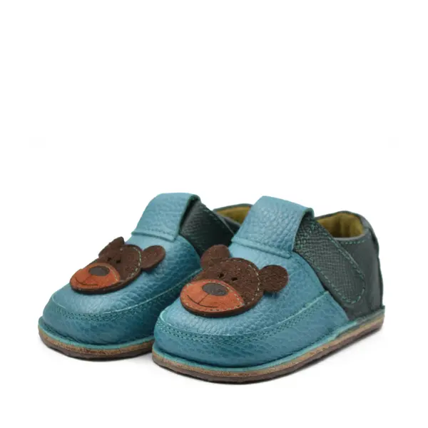 Pantofi primii pasi barefoot copii, piele naturala, talpa flexibila, turcoaz, ursulet_RO-16-10-18_Pebebe