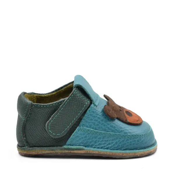 Pantofi primii pasi barefoot copii, piele naturala, talpa flexibila, turcoaz, ursulet_RO-16-10-22_Pebebe
