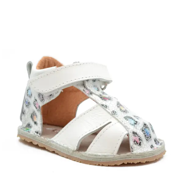 Sandale copii, barefoot, primii pasi, piele naturala, talpa flexibila, inchidere cu scai, alb cu imprimeu_RO-103-5-22_Pebebe