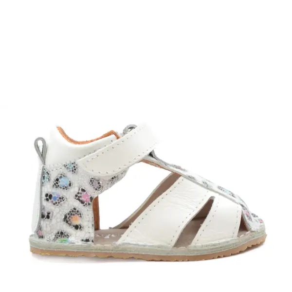 Sandale copii, barefoot, primii pasi, piele naturala, talpa flexibila, inchidere cu scai, alb cu imprimeu_RO-103-5-22_Pebebe