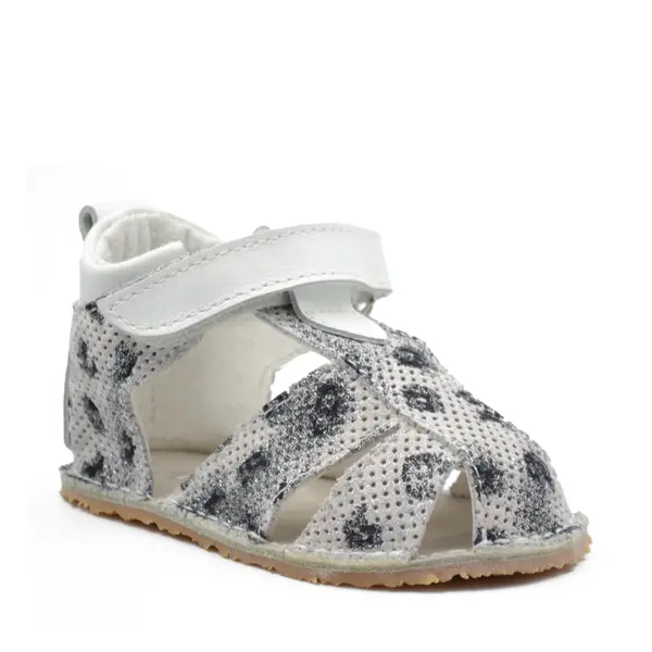 Sandale copii, barefoot, primii pasi, piele naturala, talpa flexibila, inchidere cu scai, alb imprimeu_RO-103-3-24_Pebebe