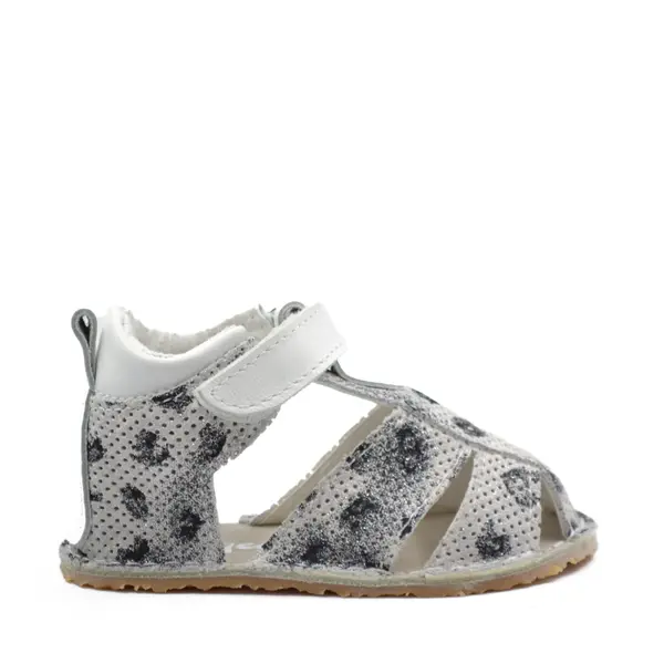 Sandale copii, barefoot, primii pasi, piele naturala, talpa flexibila, inchidere cu scai, alb imprimeu_RO-103-3-24_Pebebe
