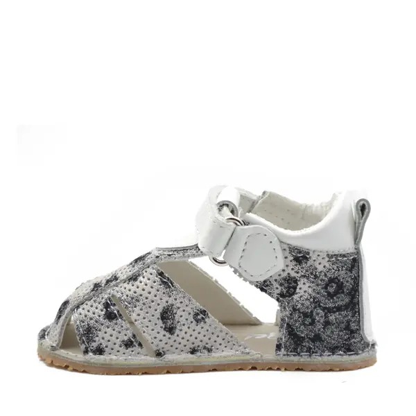 Sandale copii, barefoot, primii pasi, piele naturala, talpa flexibila, inchidere cu scai, alb imprimeu_RO-103-3-24_Pebebe