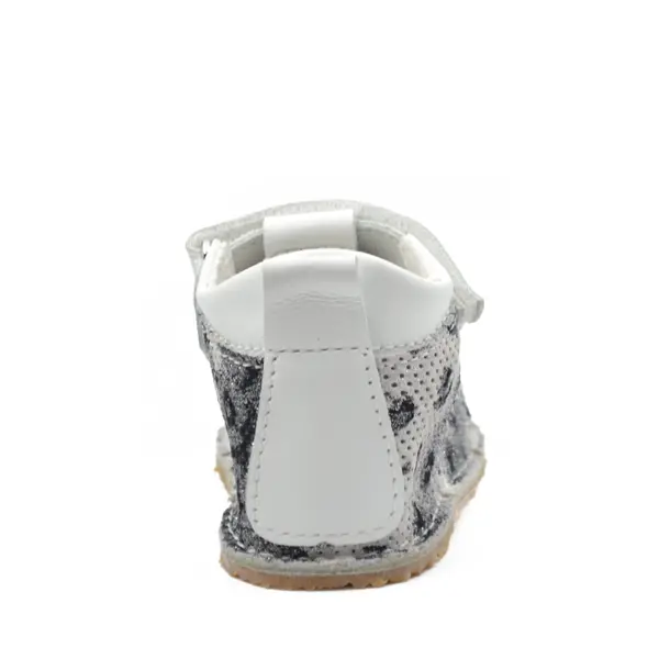 Sandale copii, barefoot, primii pasi, piele naturala, talpa flexibila, inchidere cu scai, alb imprimeu_RO-103-3-24_Pebebe
