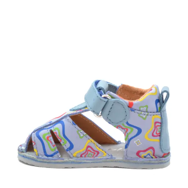 Sandale copii, barefoot, primii pasi, piele naturala, talpa flexibila, inchidere cu scai, albalbastru cu imprimeu_RO-103-6-22_Pebebe