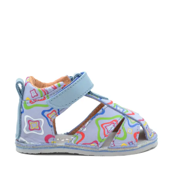 Sandale copii, barefoot, primii pasi, piele naturala, talpa flexibila, inchidere cu scai, albalbastru cu imprimeu_RO-103-6-22_Pebebe