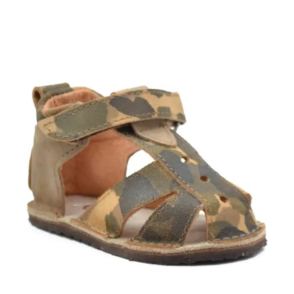 Sandale copii, barefoot, primii pasi, piele naturala, talpa flexibila, inchidere cu scai, print army_RO-103-9-17_Pebebe