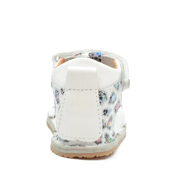 Sandale copii, barefoot, primii pasi, piele naturala, talpa flexibila, inchidere cu scai, alb cu imprimeu_RO-103-5-24_Pebebe