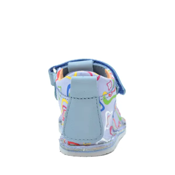 Sandale copii, barefoot, primii pasi, piele naturala, talpa flexibila, inchidere cu scai, albalbastru cu imprimeu_RO-103-6-22_Pebebe