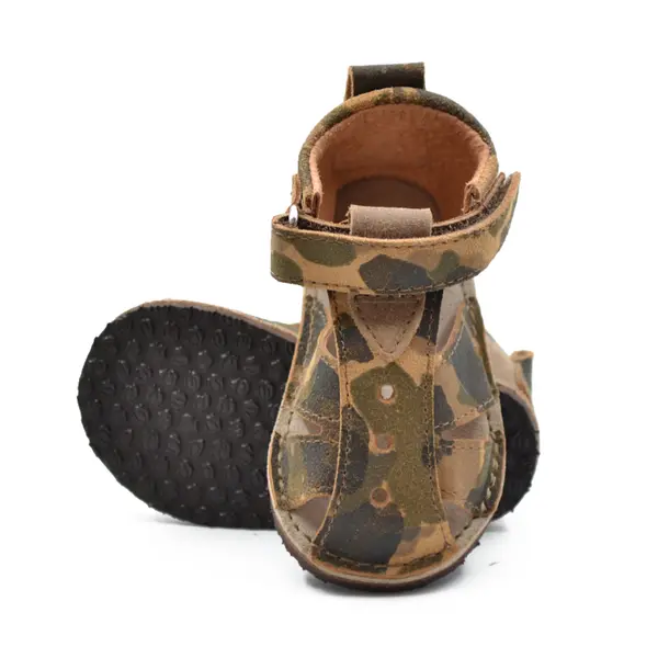 Sandale copii, barefoot, primii pasi, piele naturala, talpa flexibila, inchidere cu scai, print army_RO-103-9-17_Pebebe