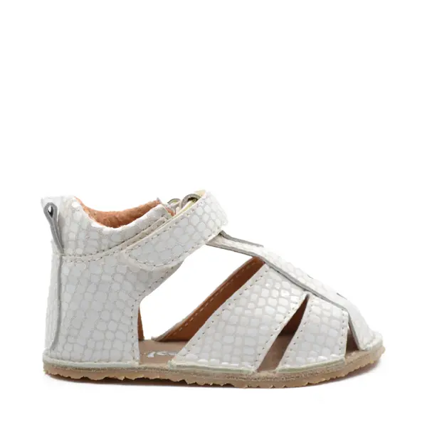 Sandale copii, barefoot, primii pasi, piele naturala, talpa flexibila, inchidere cu scai, crem imprimeu_RO-103-2-24_Pebebe